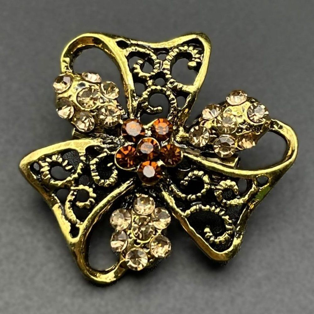 Yellow Gold with Champagne and Brown Topaz Crystal Ornate Flower Pin Back Brooch